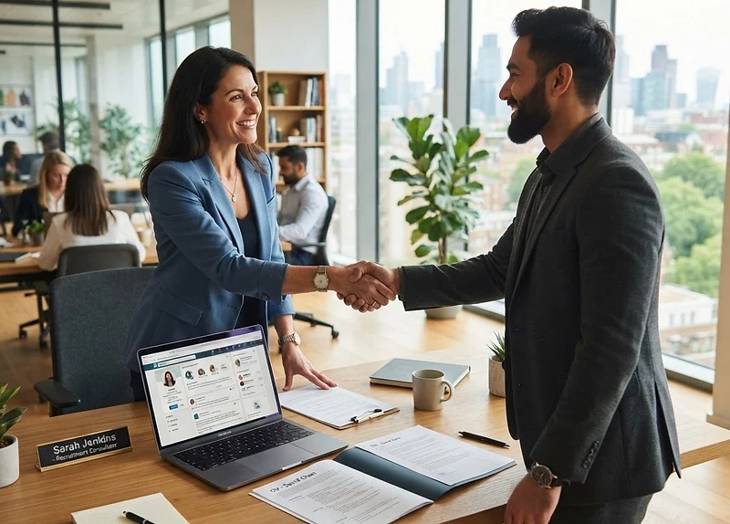 A recruitment consultant shaking hands with a candidate in an office