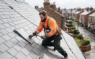 A roofer laying slate tiles on a house roof