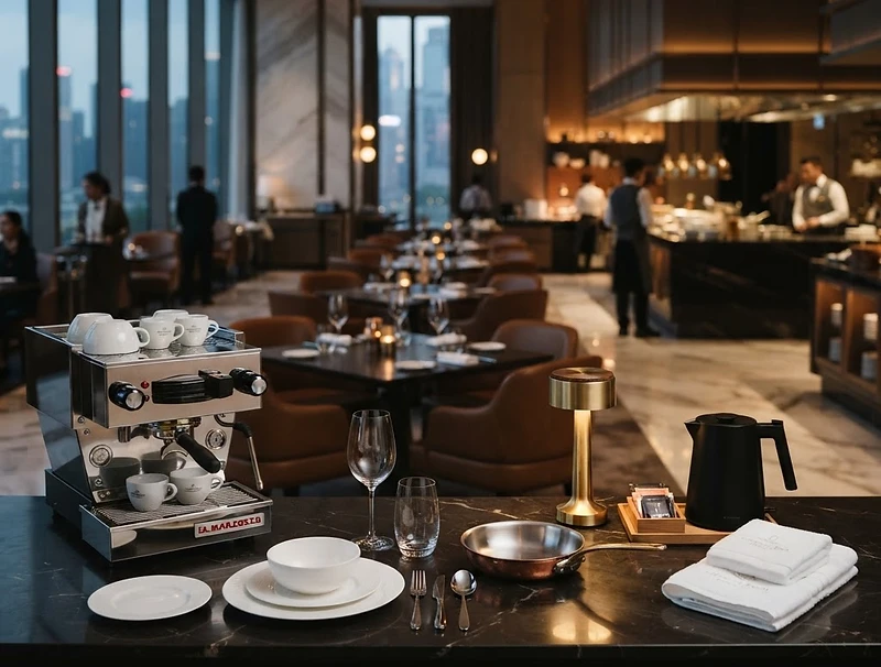 Premium professional hospitality products — espresso machine, porcelain tableware, glassware, cutlery, copper cookware, cordless lighting and amenities — arranged in a luxury hotel environment representing VALOREX global hospitality procurement
