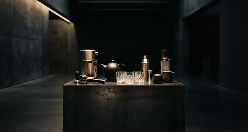 Premium hospitality equipment in a dark gallery setting