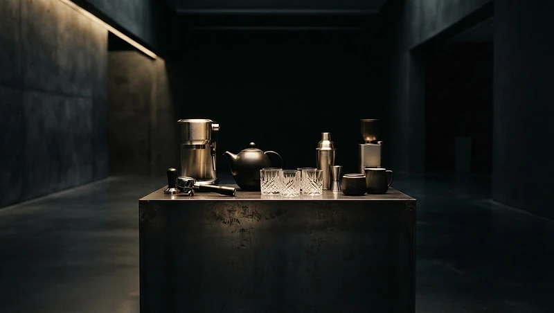 Premium hospitality equipment in a dark gallery setting