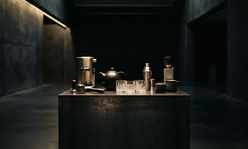 Premium hospitality equipment in a dark gallery setting