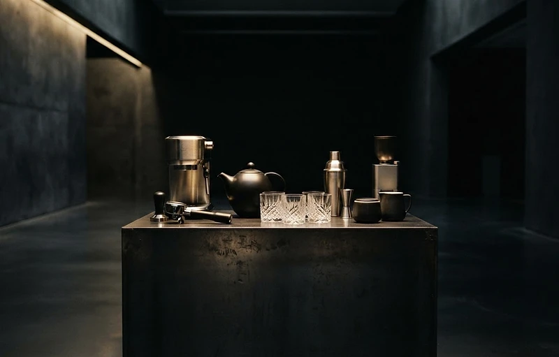 Premium hospitality equipment in a dark gallery setting