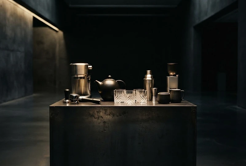 Premium hospitality equipment in a dark gallery setting