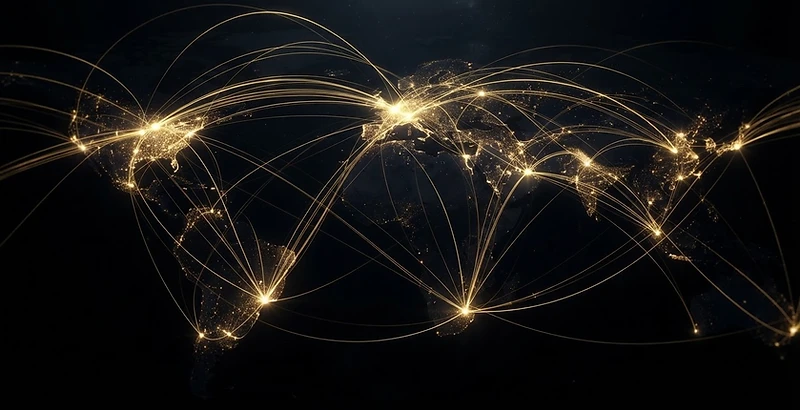 Gold flight paths connecting international logistics hubs