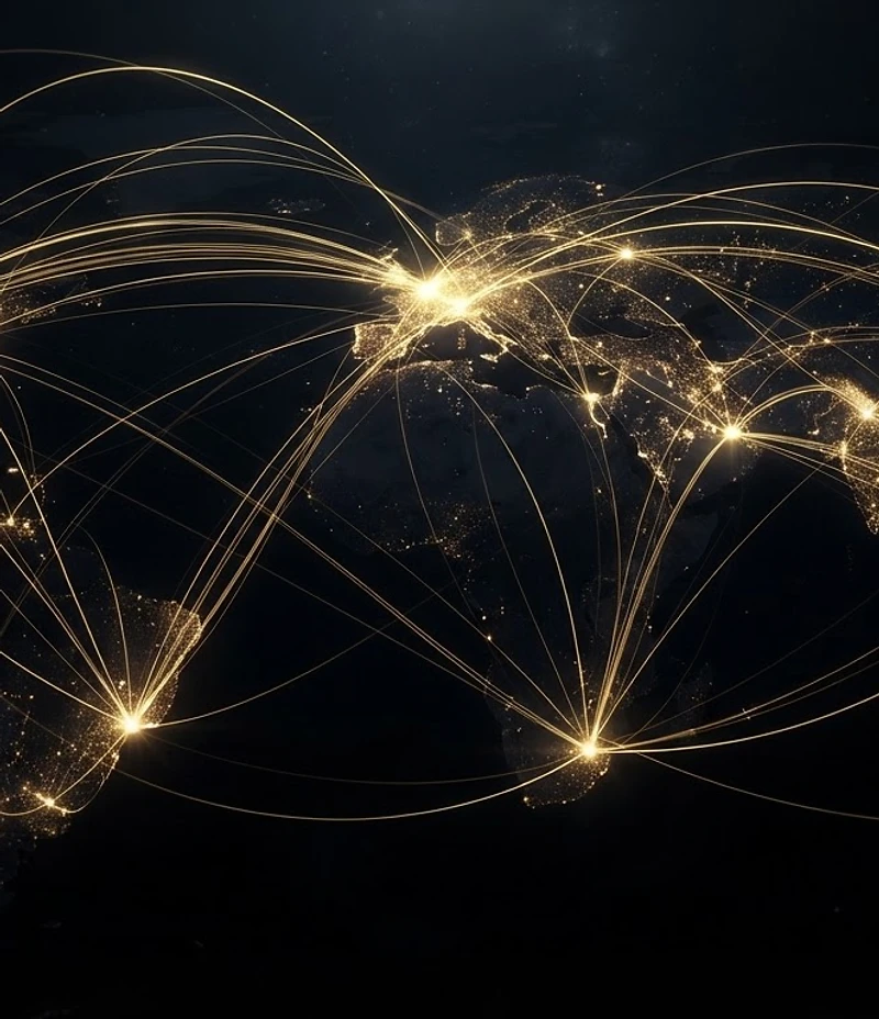 Abstract gold flight paths connecting global logistics hubs on a dark background