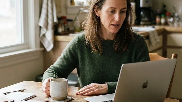 A homeowner reading a radon test result on a laptop at a kitchen table