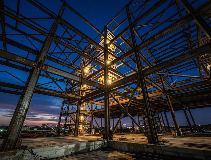 Structural steel commercial framework at blue hour