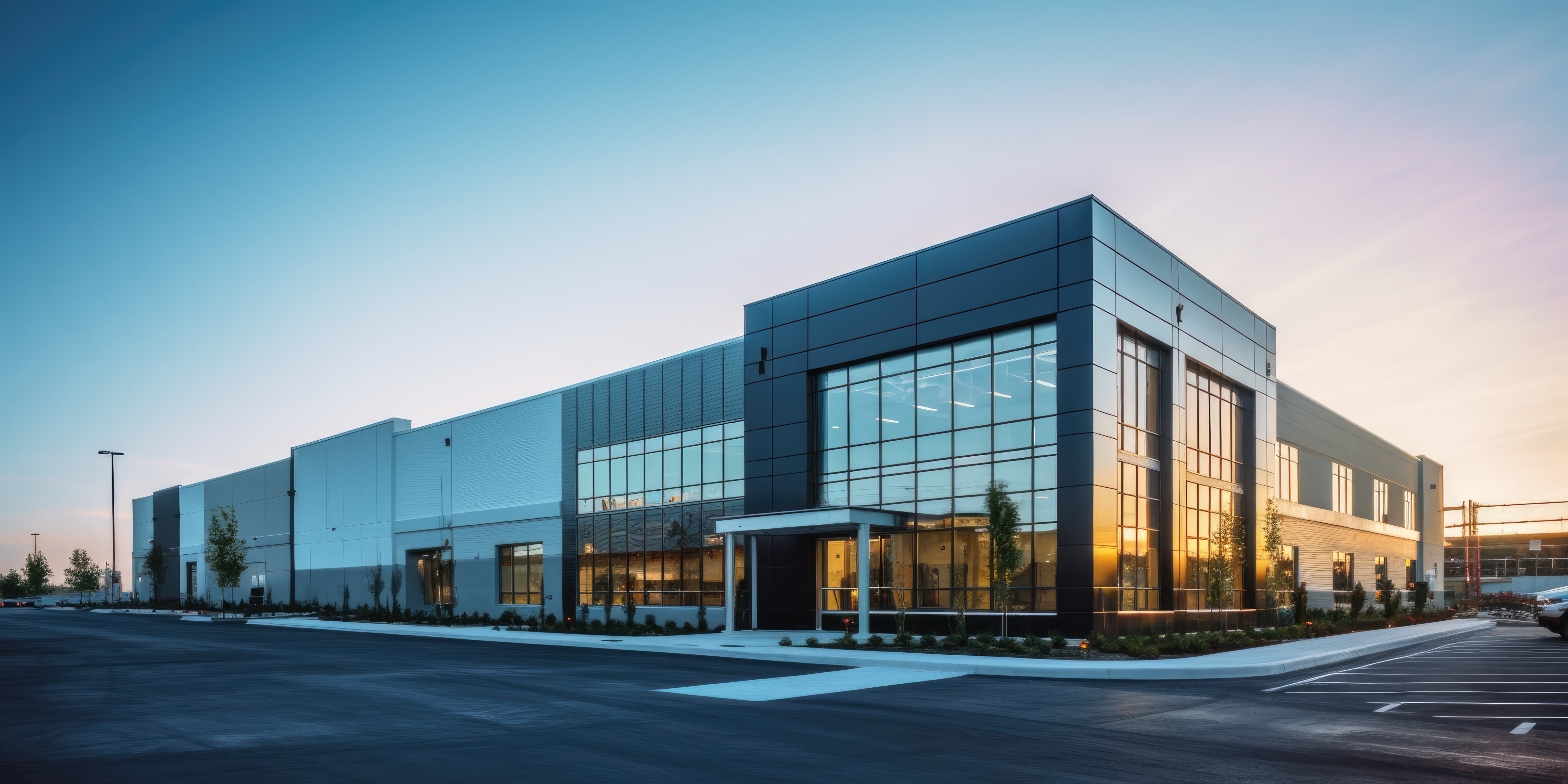 Modern commercial facility exterior at dusk