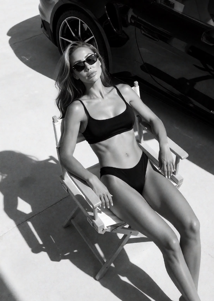 Karmel seated in a wooden director's chair beside a sports car, black-and-white editorial portrait