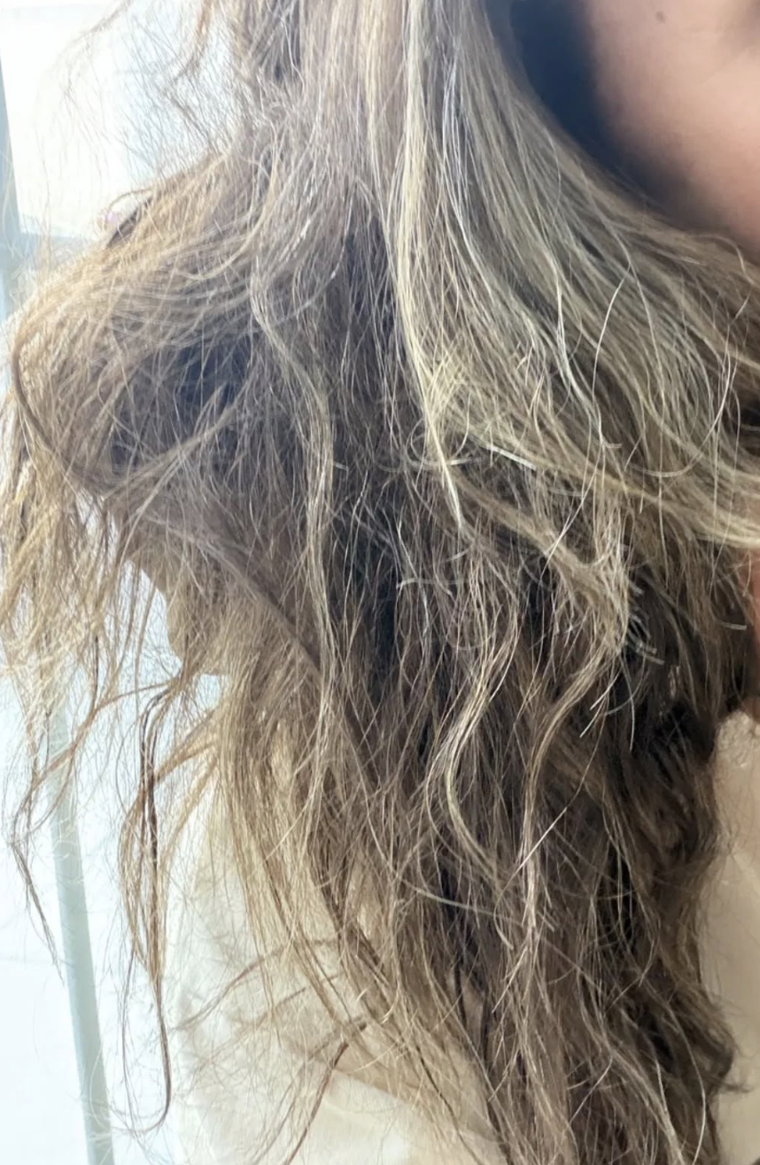 Karmel's hair after it was burnt and damaged in June