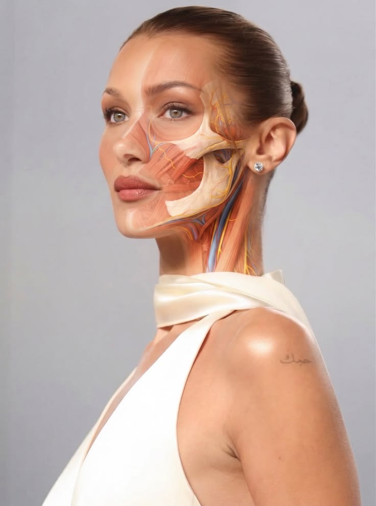 Profile portrait with the facial muscles and jawline shown beneath the skin