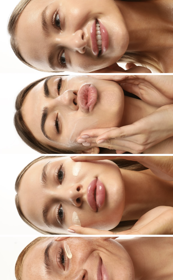Facial ritual sequence with serum applied across the cheek and cheekbone