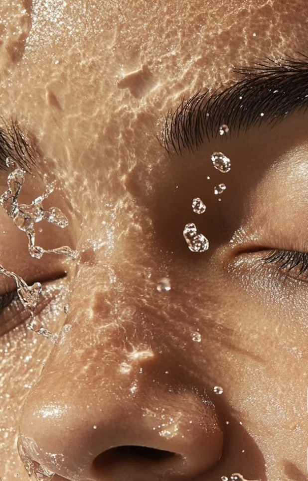 Water splashing across a calm, resting face