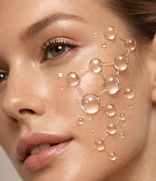 Beauty science — molecular structure overlaid on radiant skin