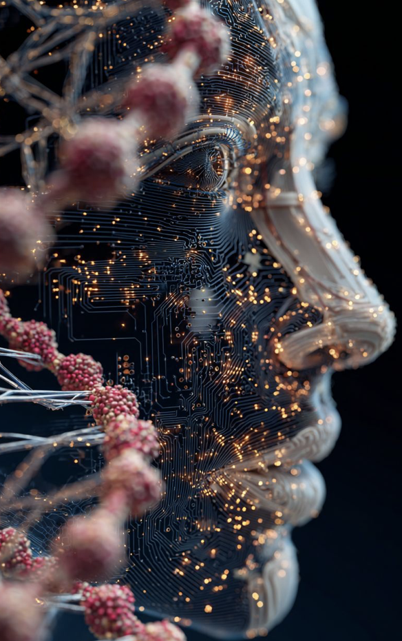 Abstract digital profile of a face rendered as a glowing circuit network beside a DNA strand