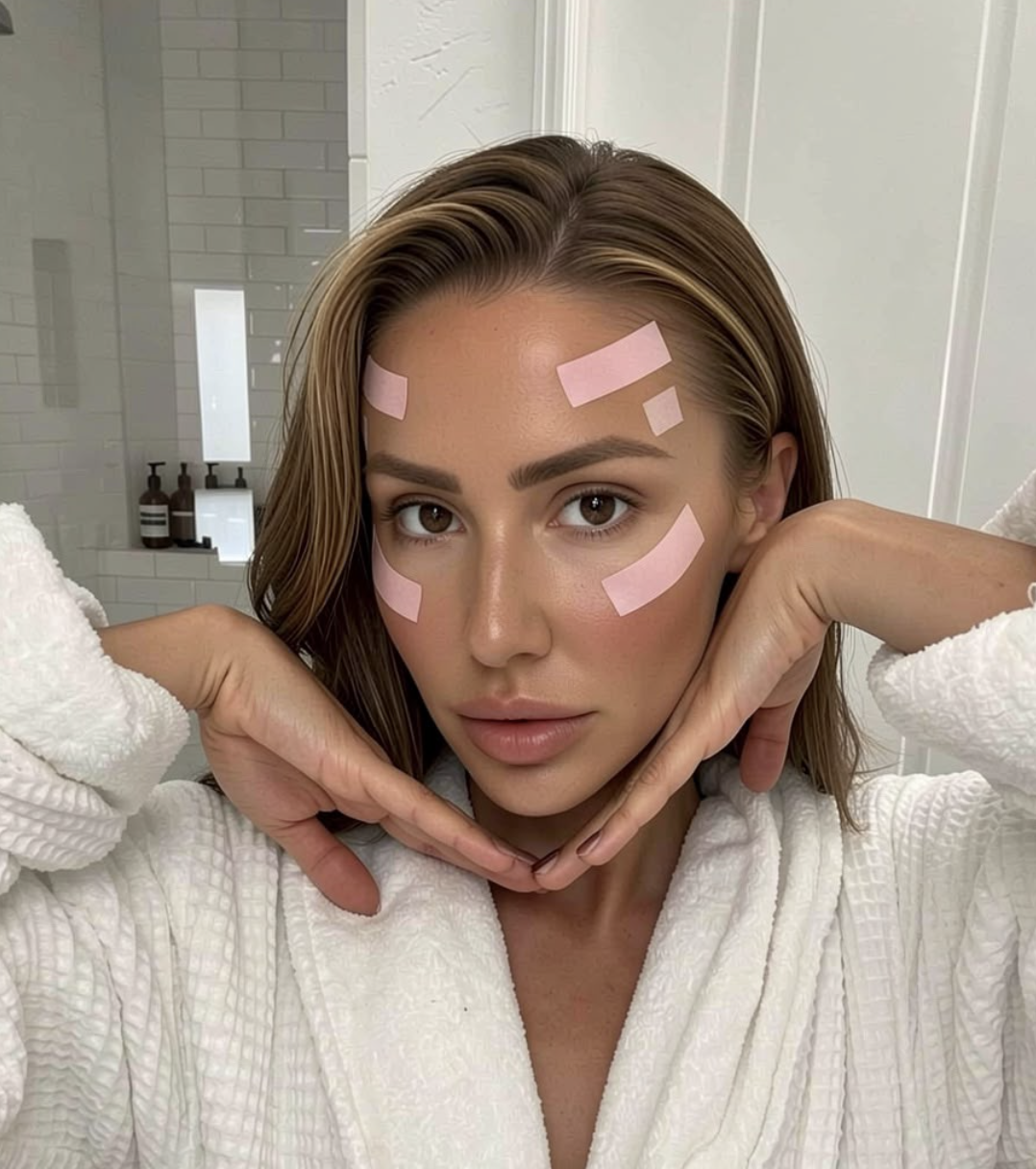 Karmel with soft pink beauty tape applied across her forehead and cheeks, wearing a white robe