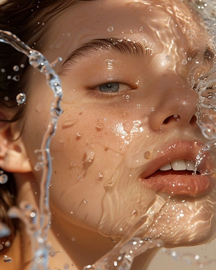 Woman with water splashing across her luminous face