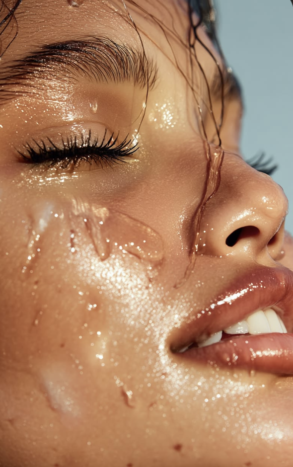 Extreme close-up of a luminous, water-drenched profile — golden-hour editorial beauty photograph