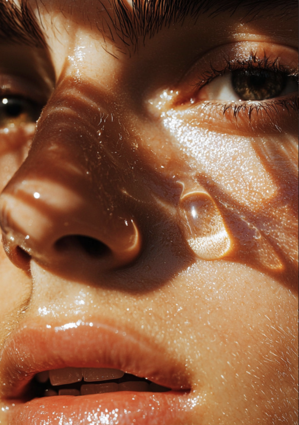 Macro beauty portrait with a suspended water droplet catching warm sunlight