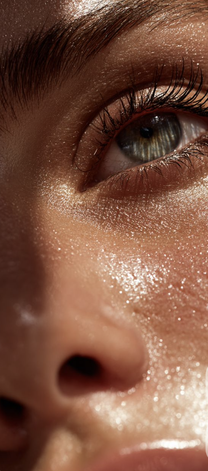 Golden-lit macro portrait of an eye and the bridge of the nose, dewy, sun-drenched skin