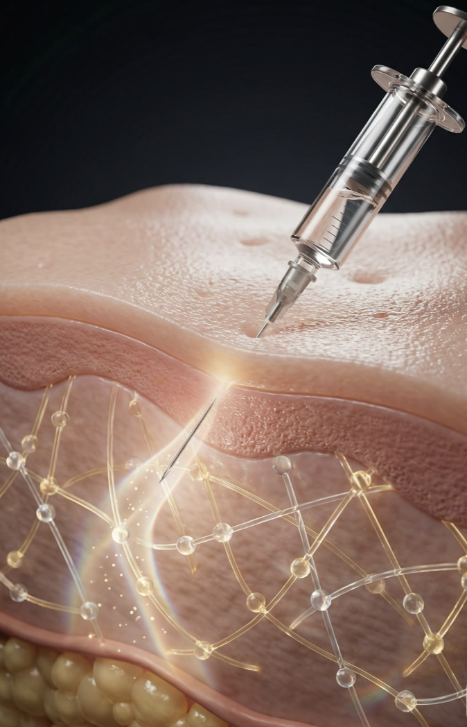 Macro view of a fine needle at the surface of the skin, illuminated by a warm golden glow