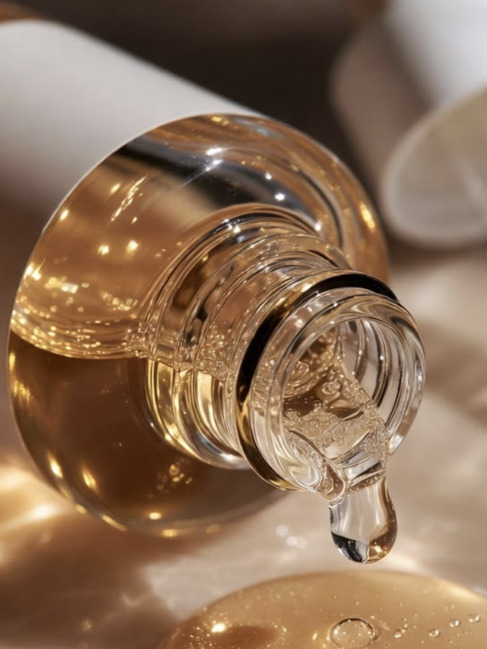 Golden serum droplet suspended from a glass bottle