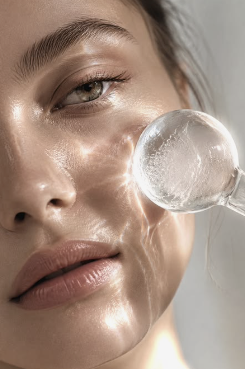 Cooling glass facial tool pressed against the cheekbone