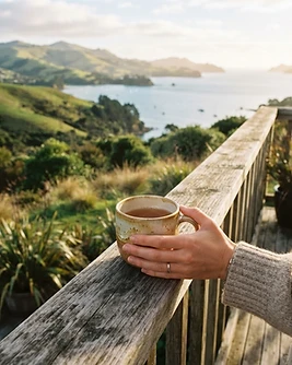 A hand holding a warm cup overlooking a sunlit coastal view