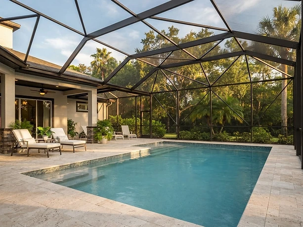 Illustrative Florida pool enclosure with intact screen walls and a connected aluminum roof frame