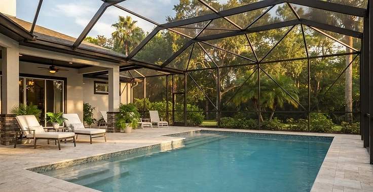 Illustrative screened pool enclosure with intact mesh walls and connected roof framing
