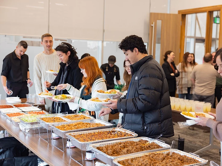 Fiesta catering buffet — taco bar with rice, meat and toppings