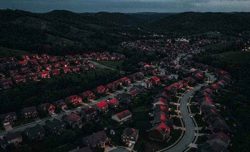 Aerial view of a central Kentucky neighborhood at dusk