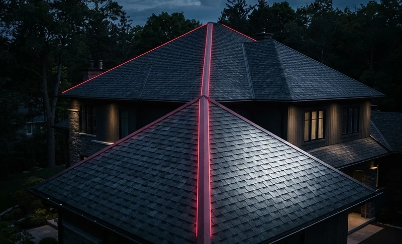 Premium residential roof with new architectural shingles at dusk