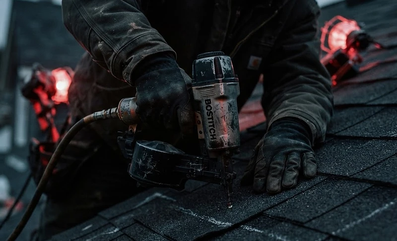 Close-up of a roofer precisely installing a charcoal shingle