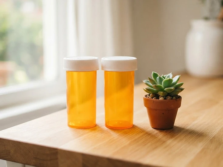 Orange prescription bottles on a clean wood countertop beside a small plant