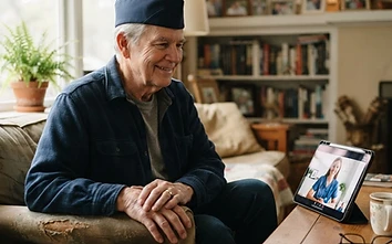 Veteran smiling during a connected telehealth visit at home