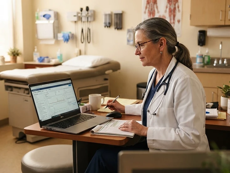 Physician reviewing a patient summary on a laptop in an examination room