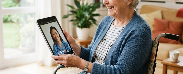 Older woman in a wheelchair participating in a telehealth visit on a tablet at home