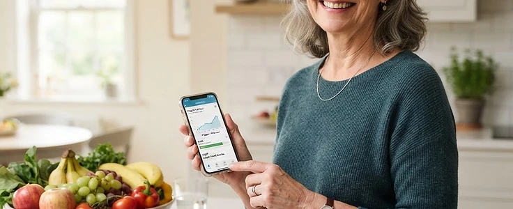 Woman in her sixties in a bright kitchen with fresh produce and a health tracking app