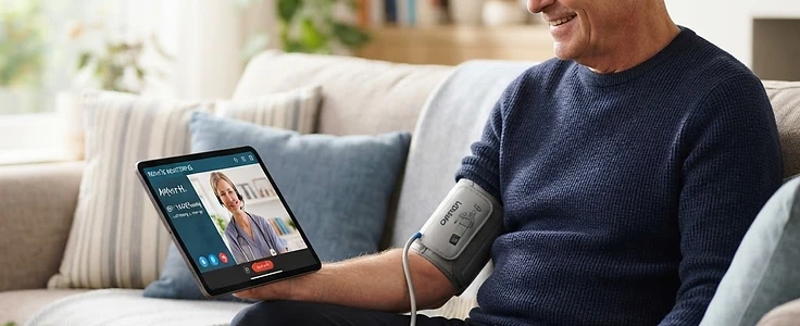 Older man at home using a blood pressure monitor during a remote care video visit