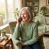 Older woman smiling while using her phone