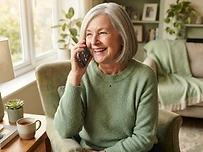 Older adult smiling while talking on the phone at home, staying on track with care