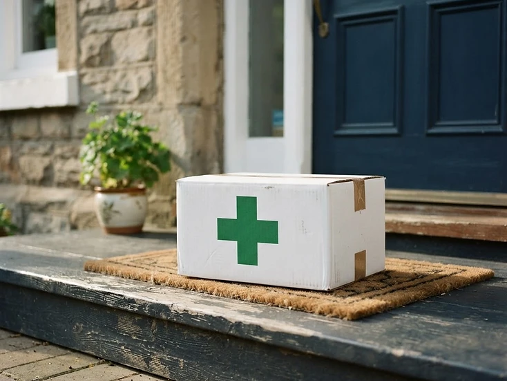 Pharmacy delivery package with a green cross on a doorstep