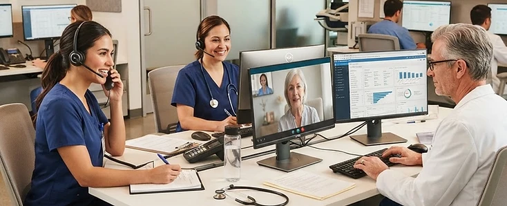 A dedicated virtual care team: nurse with headset, nurse on video call, and physician reviewing a clinical dashboard