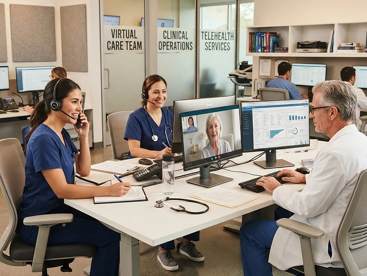A dedicated virtual care team: nurse with headset, nurse on video call, and physician reviewing a clinical dashboard