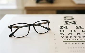 Modern eyeglasses resting beside an eye chart on a white surface
