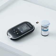 Glucose meter displaying a blood sugar reading