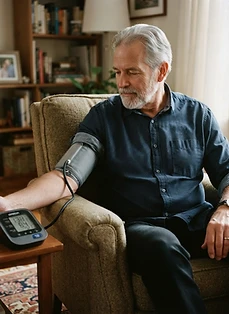 Patient measuring blood pressure at home