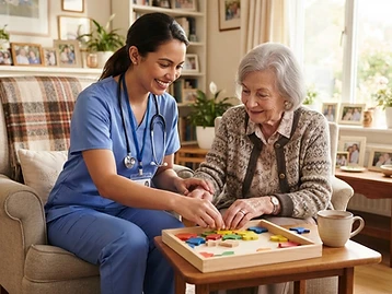 Home health professional assisting an older adult at home